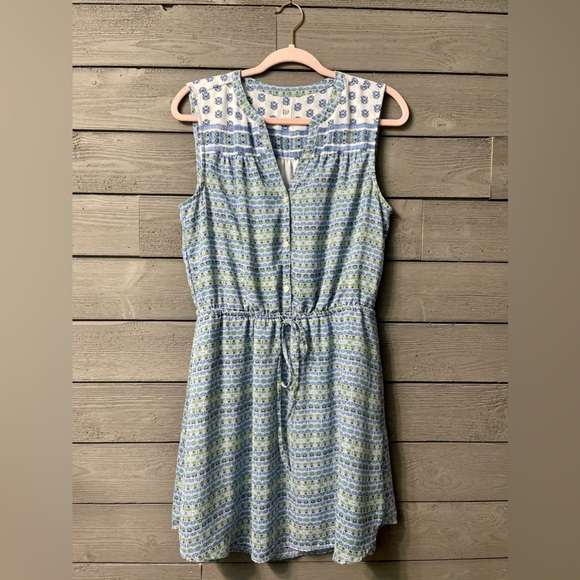 The GAP Sleeveless Blue Green White Patterned Tie Waist Shirt Dress Sz Medium - Picture 1 of 11